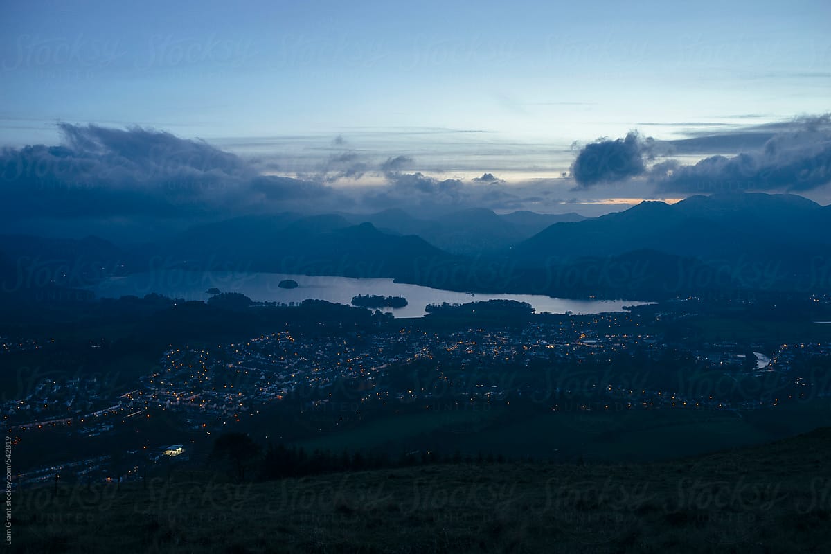 Twilight sky over mountains, Derwent Water and Keswick from Latrigg.