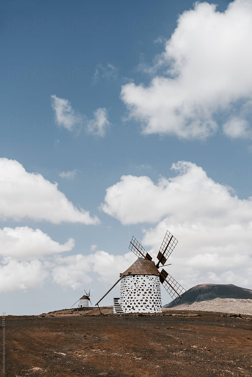Authentic stone mills with with wooden wind turbines