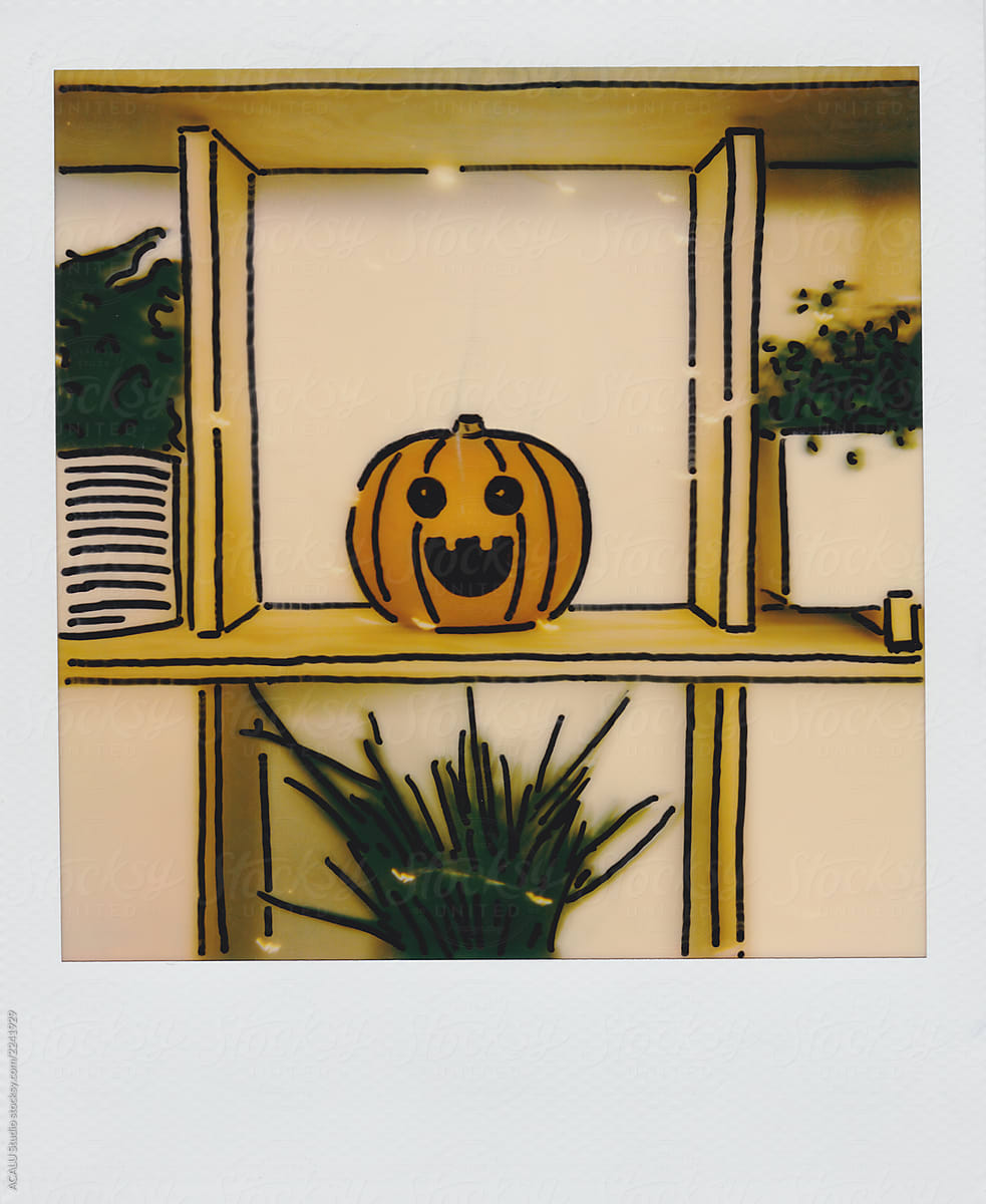 Halloween pumpkin on a bookshelf