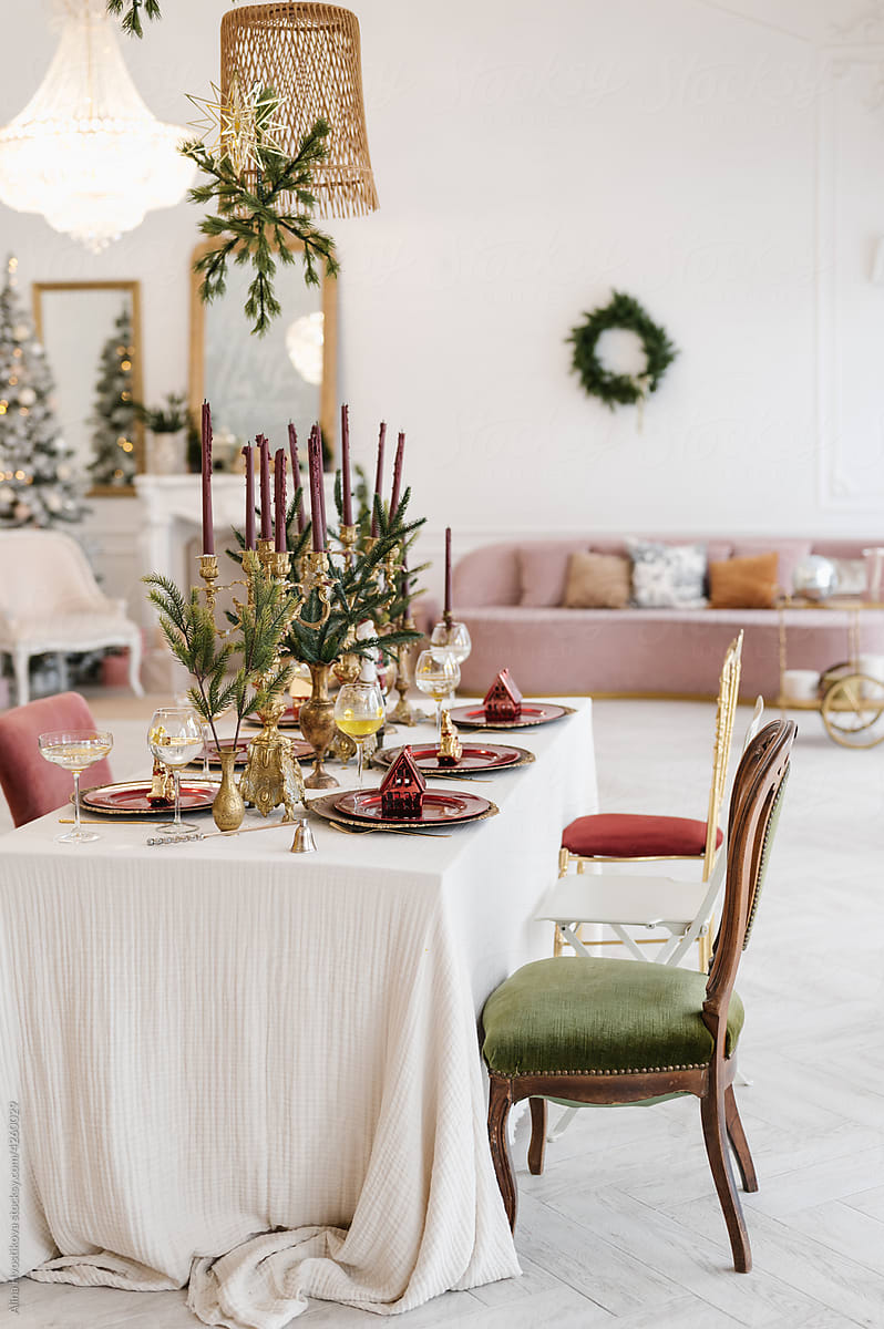 Served Christmas table in cozy apartment
