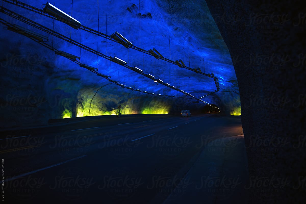 Futuristic tunnel with blue neon lights, Lærdalstunnelen, Norway