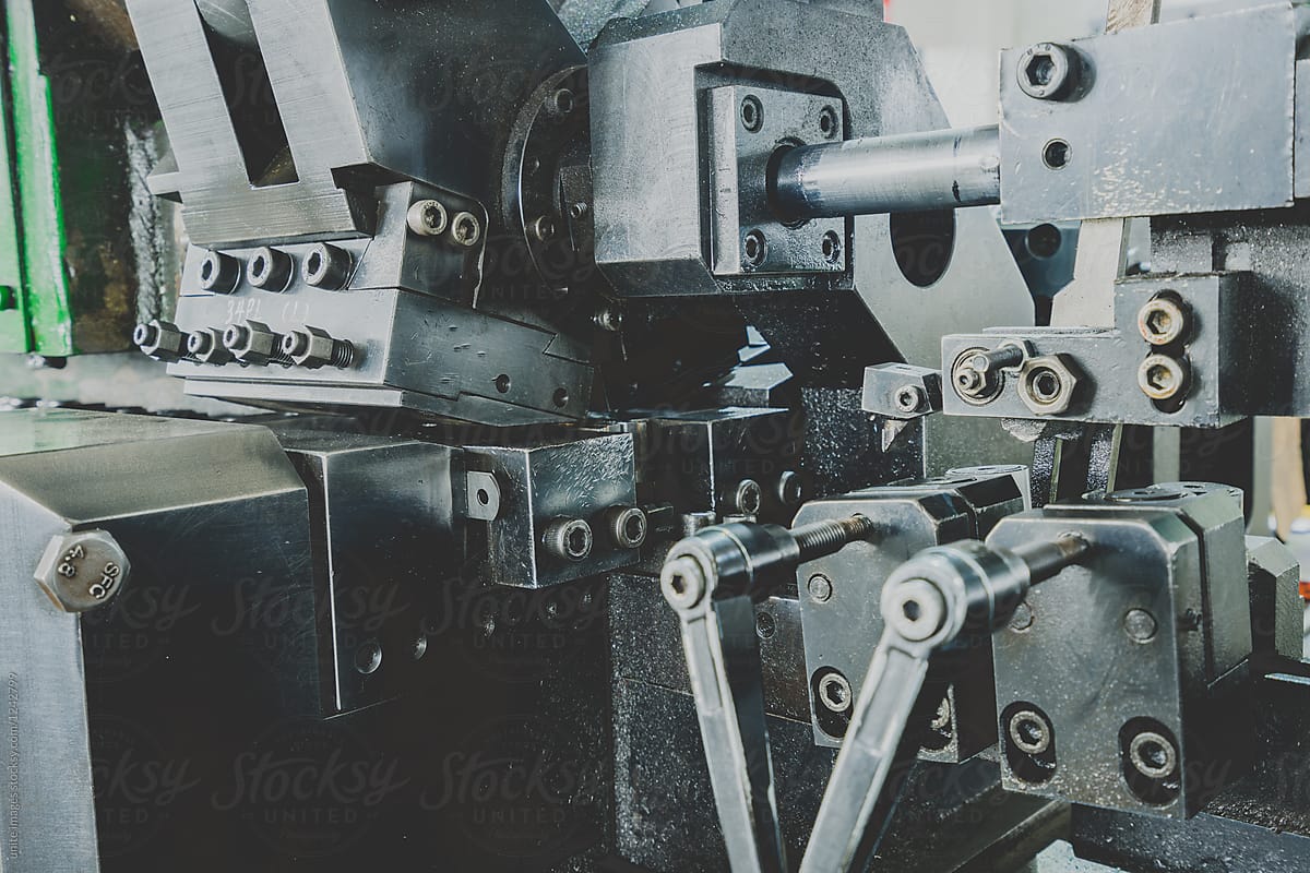 closeup of Semi-auto machines in metalworking workshop