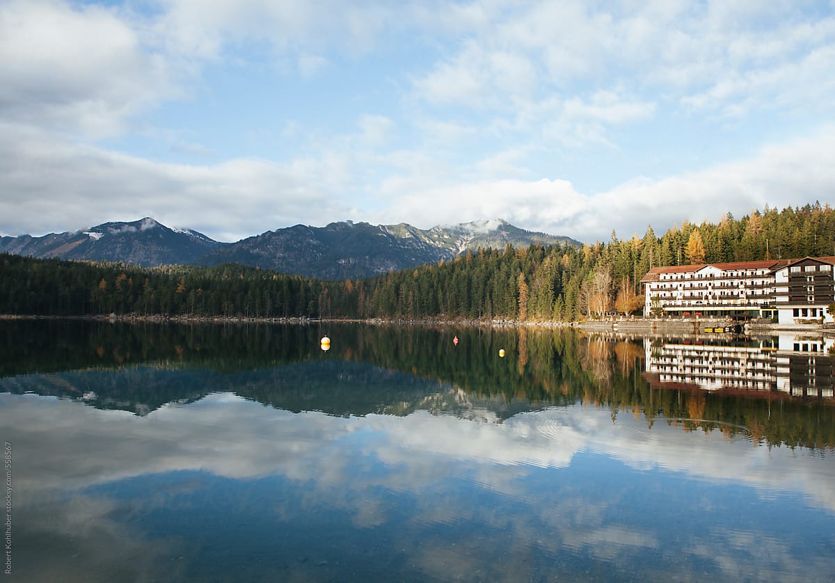 Resort at lake Eibsee, a mountain lake beneath the Zuspitze, Germanies highest mountain