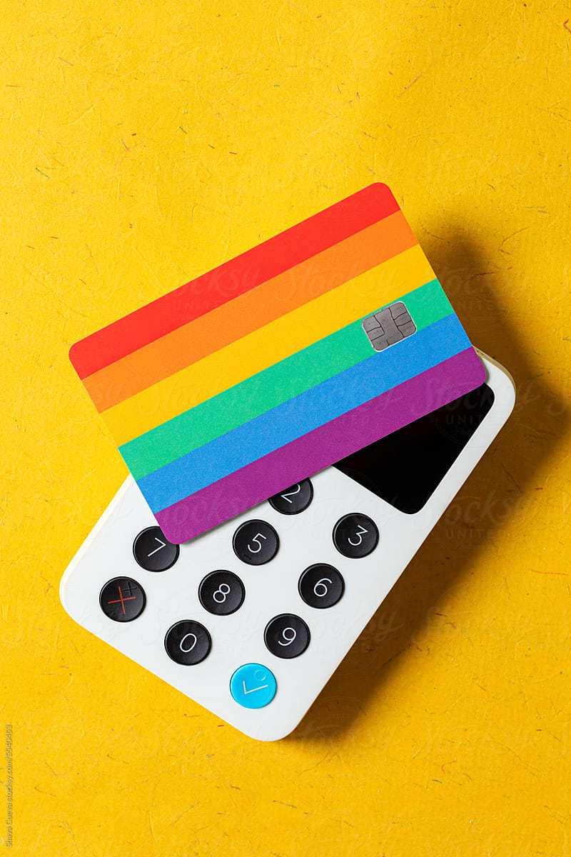 Closeup of a credit card with LGBTQ colors
