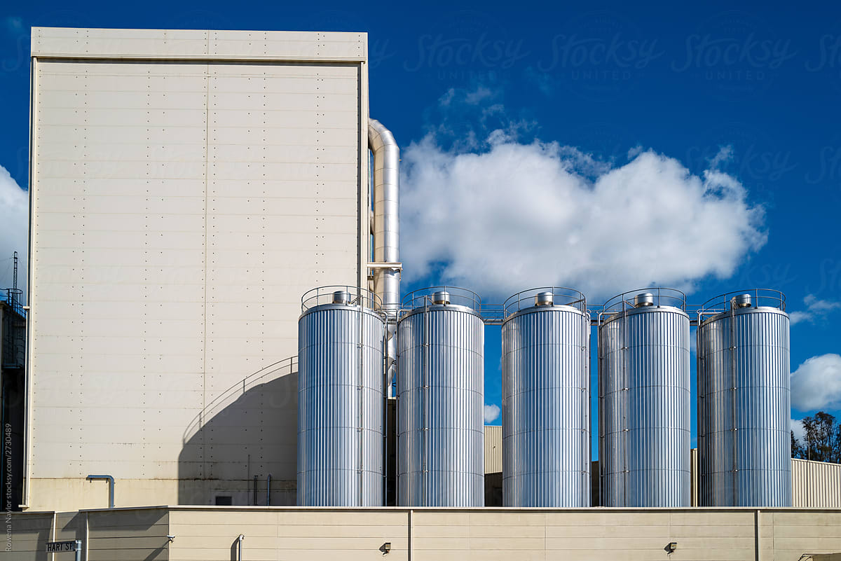 Milk drying towers at large dairy processing factory