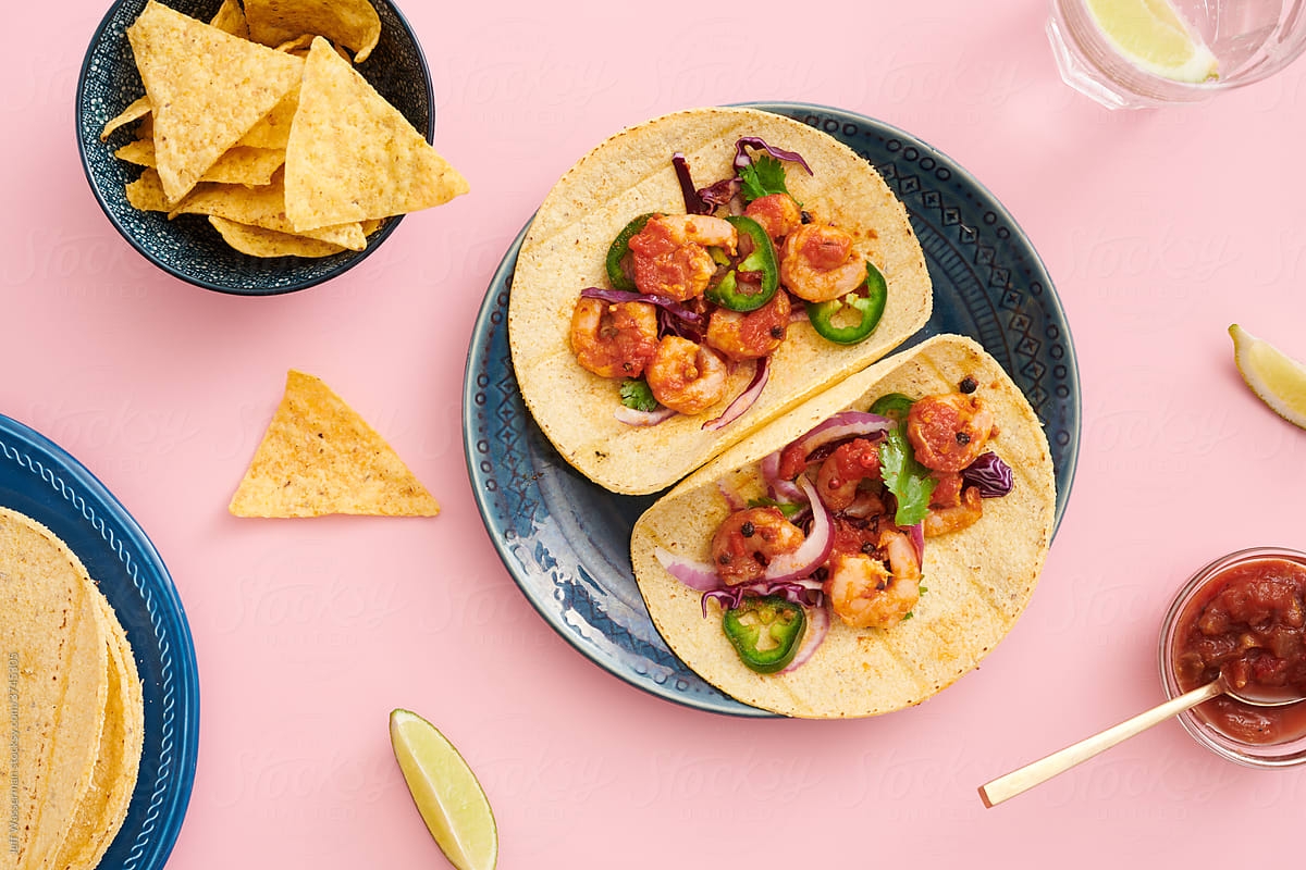 Shrimp Tacos on Pink Table From Above