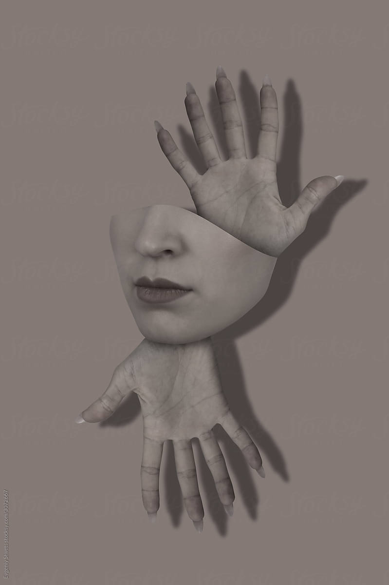 Part of female head and hands