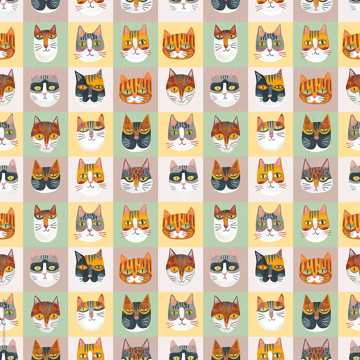 Seamless pattern: heads of different cats on checkered background