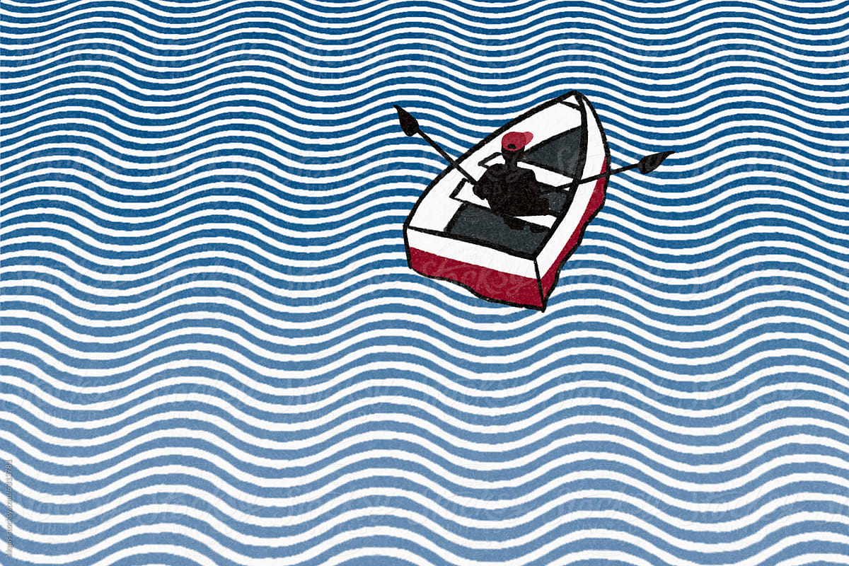 Man rows a small boat illustration