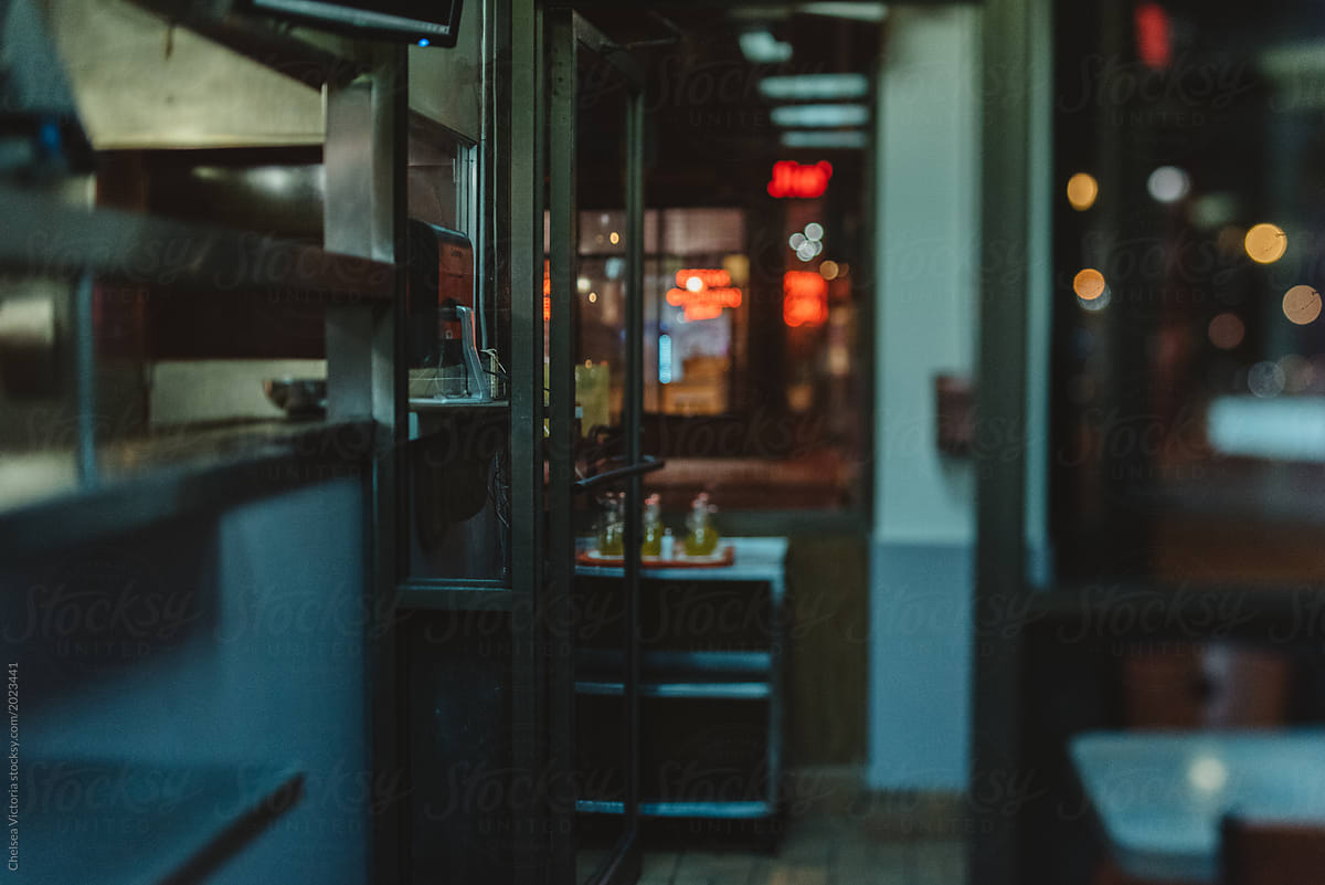 Inside of an empty diner at night