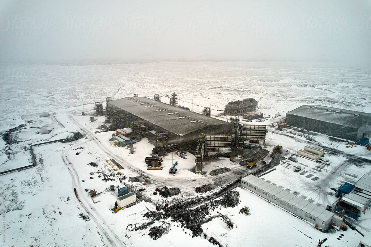 Climeworks carbon capture & storage plant under construction in snow