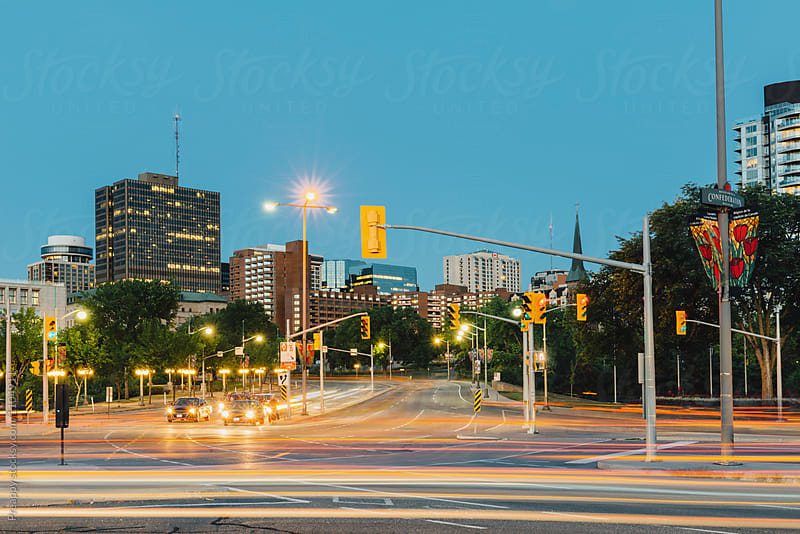 Cityscape of Ottawa, Canada with trail lights
