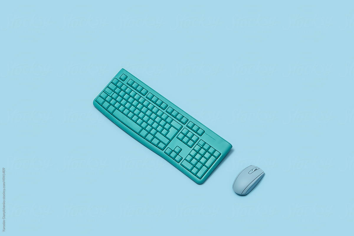 Blue computer keyboard and mouse.