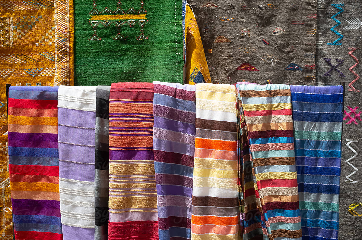 Traditional oriental scarves hanging in market