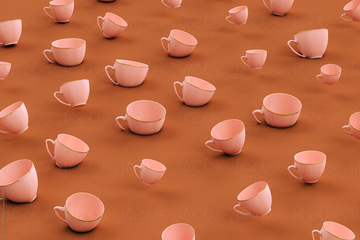 Pink coffee cup rotating in different sizes on brown background