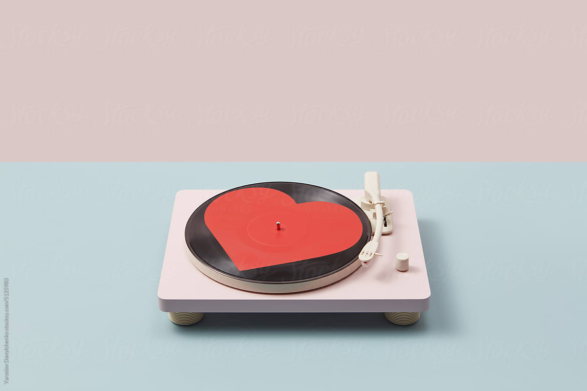 Trendy record player and vinyl with red heart.