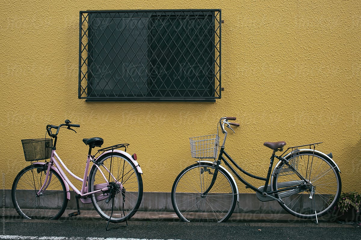A pair of bicycles parked along the street.