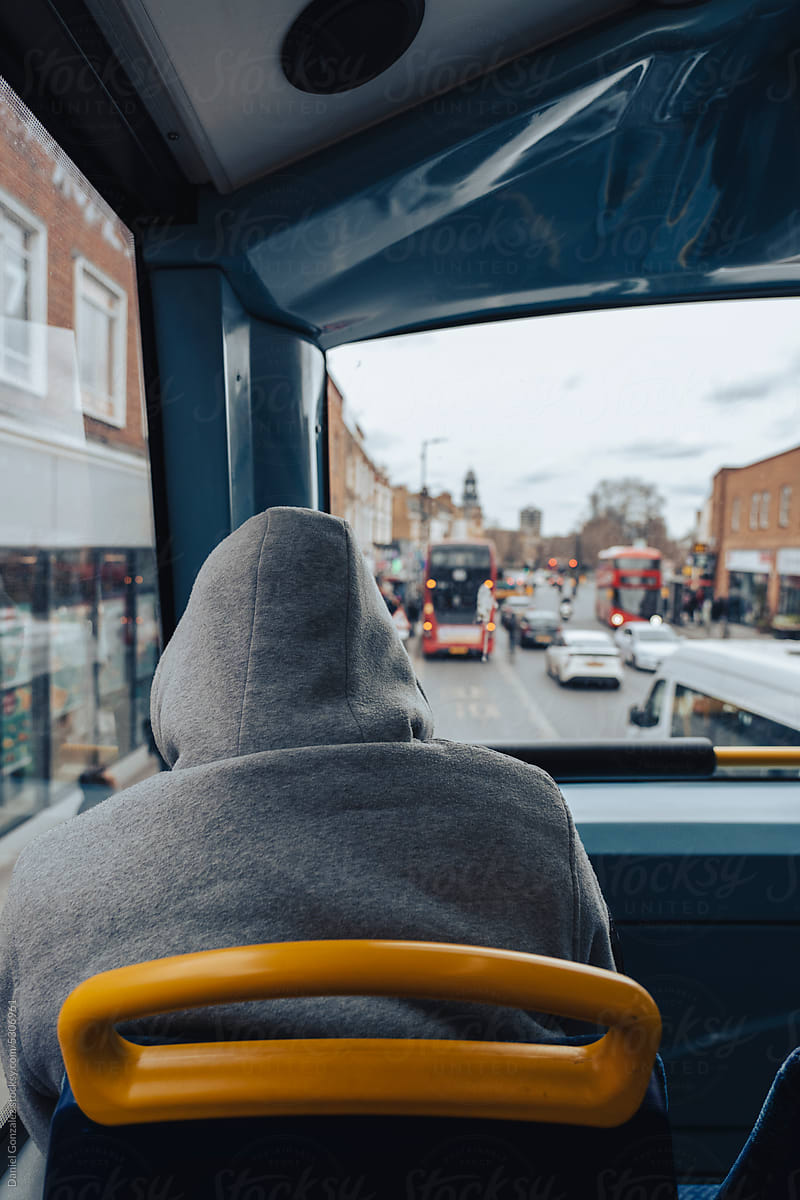 View from inside a double-decker bus of a street in a England