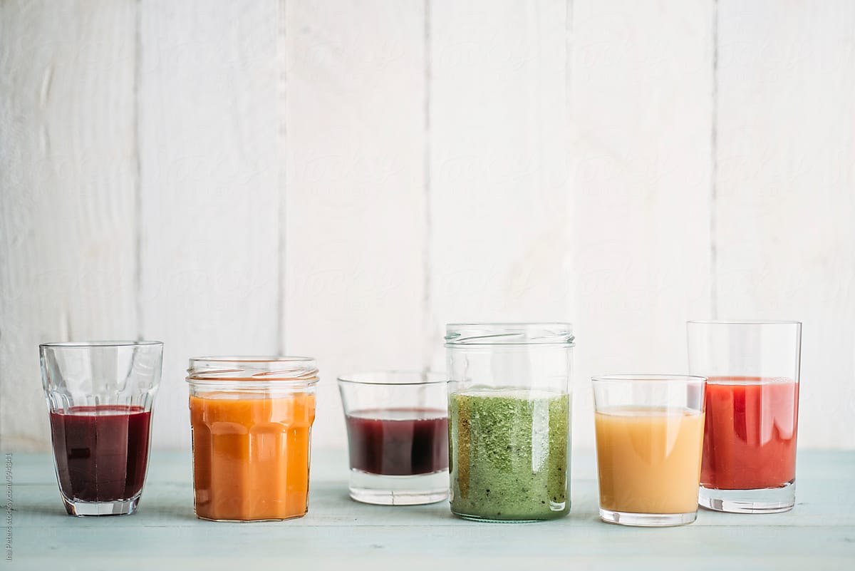 Food: Different colorful smoothies in glasses