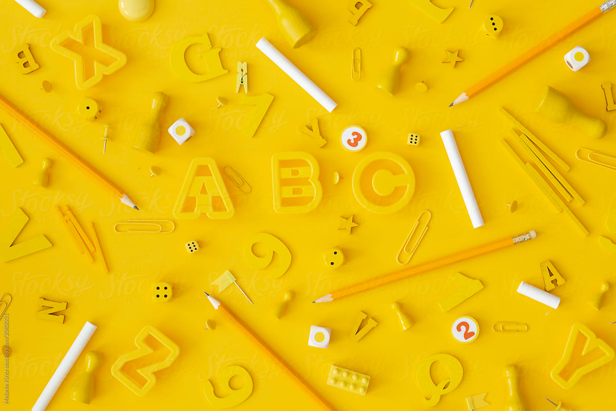 Download School Objects On Yellow Background By Melanie Kintz Education Overhead