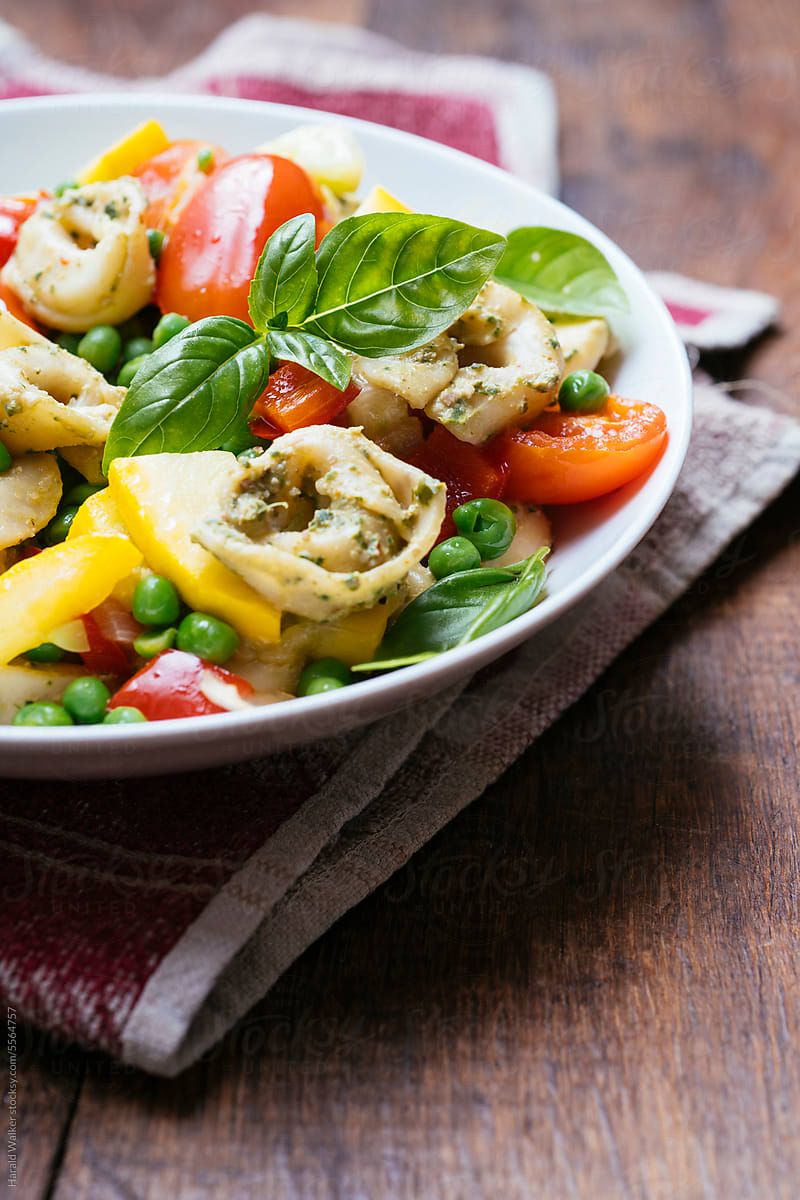 Summertime Vegetables with Vegan Basil Pesto on Tortellini