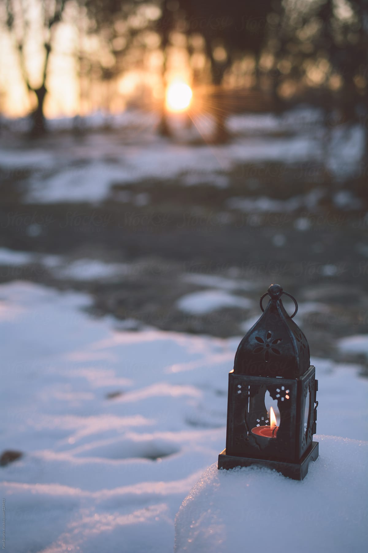 Christmas lantern on snow