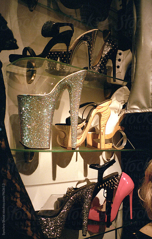 Women high heel shoes in shop display