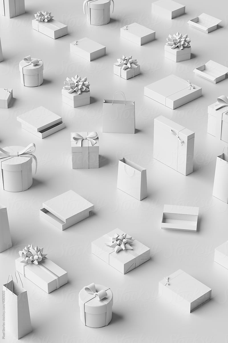 Presents: scattered white gifts and gift bags