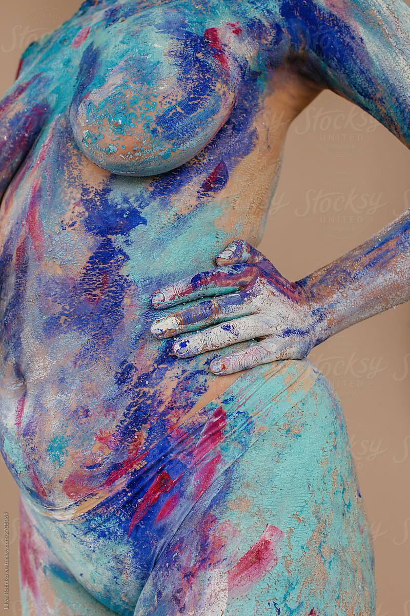 Naked body Faceless chubby female with colorful body art
