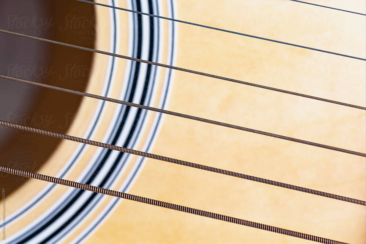 Close-up of guitar strings.