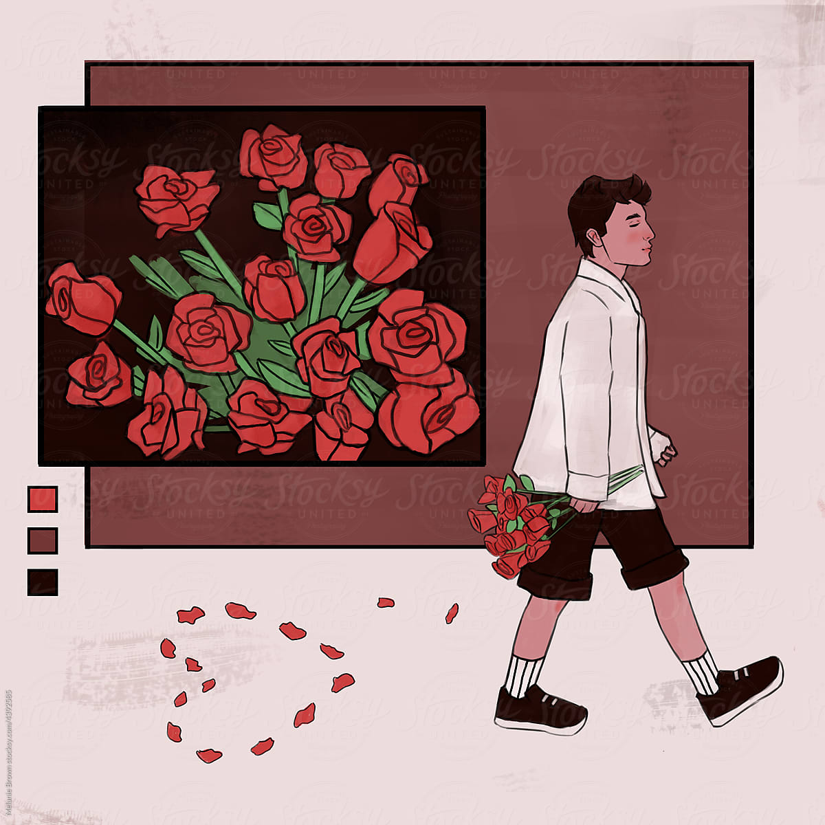 Boy Walking And Holding A Bouquet Illustration