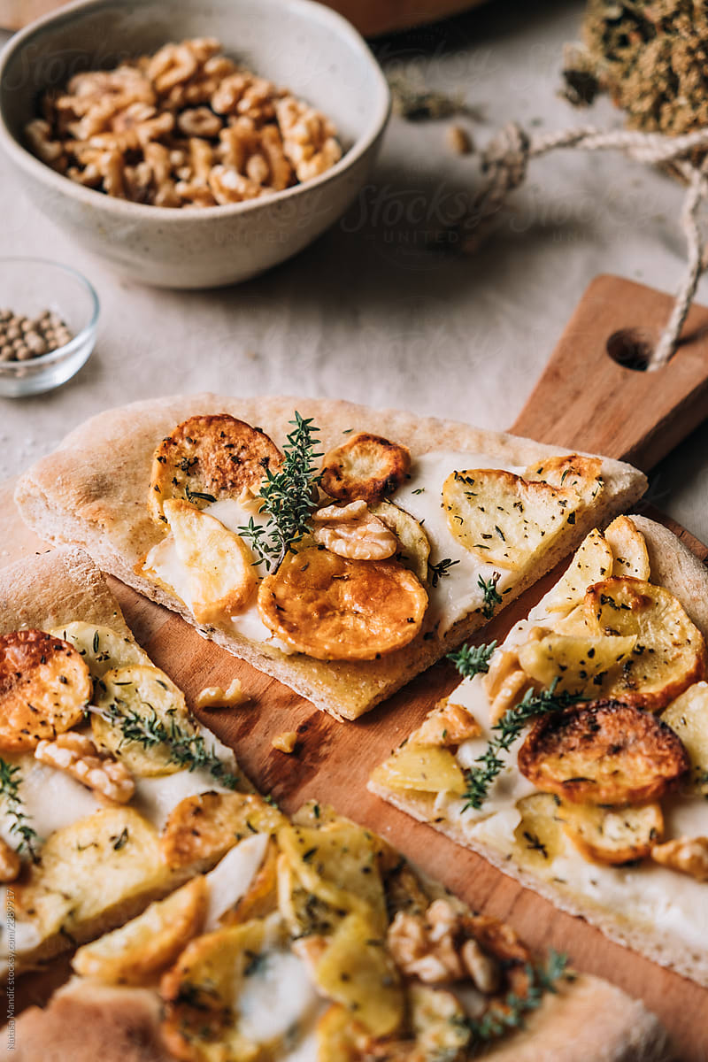 Delicious homemade pizza with potatoes