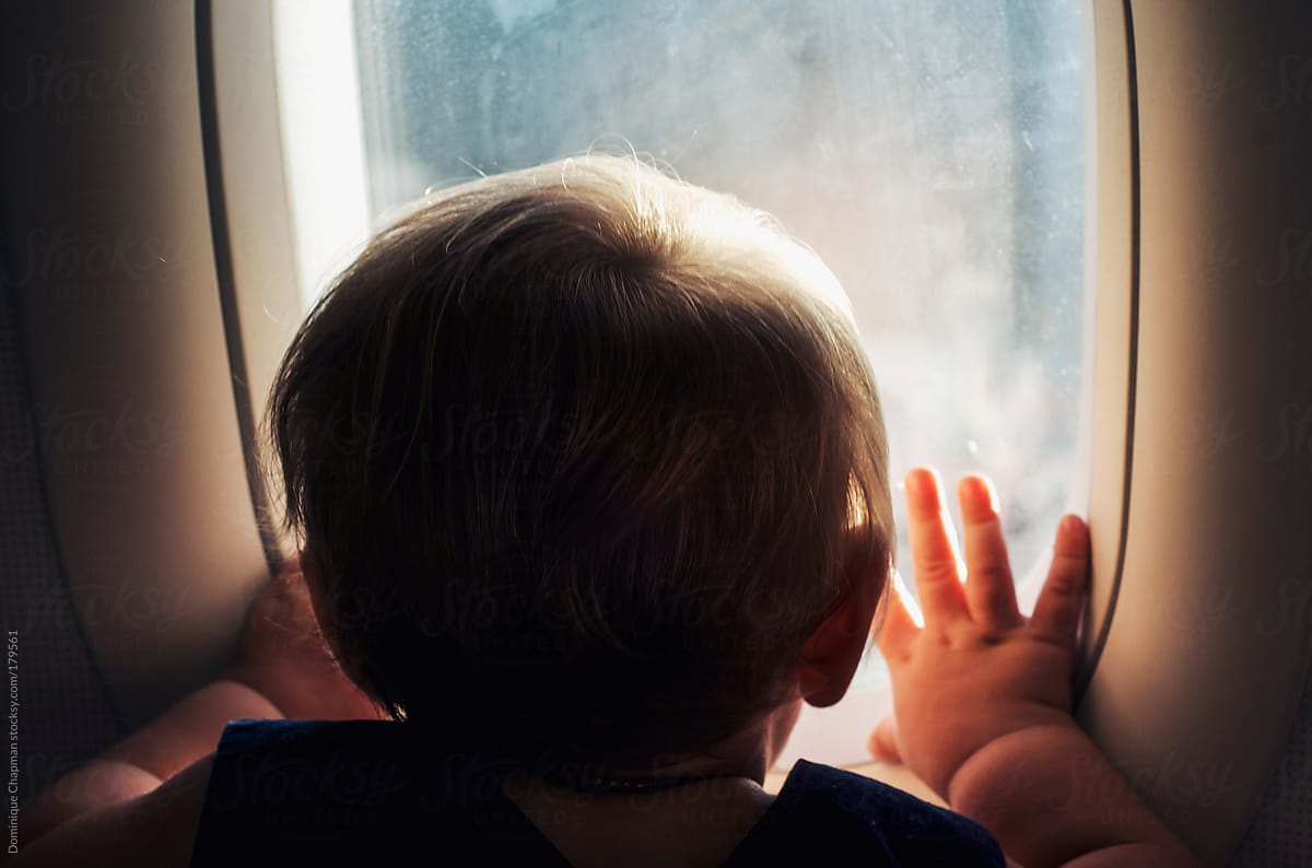 Baby staring out plane window