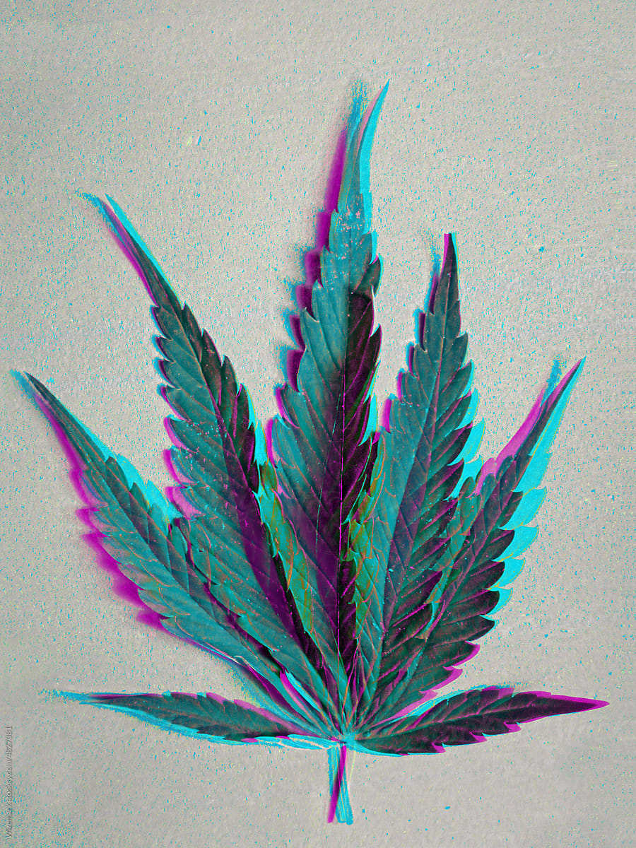Single blue marijuana, cannabis leaf with altered colors background