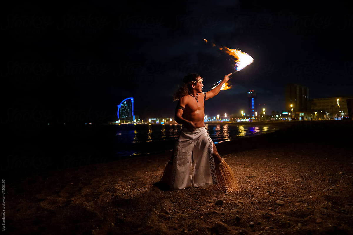 performer spinning rod with fire