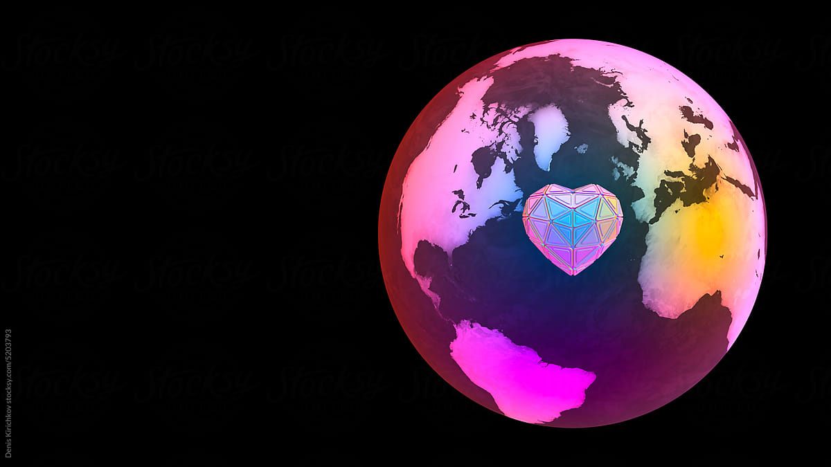 Bright rainbow heart and planet Earth.