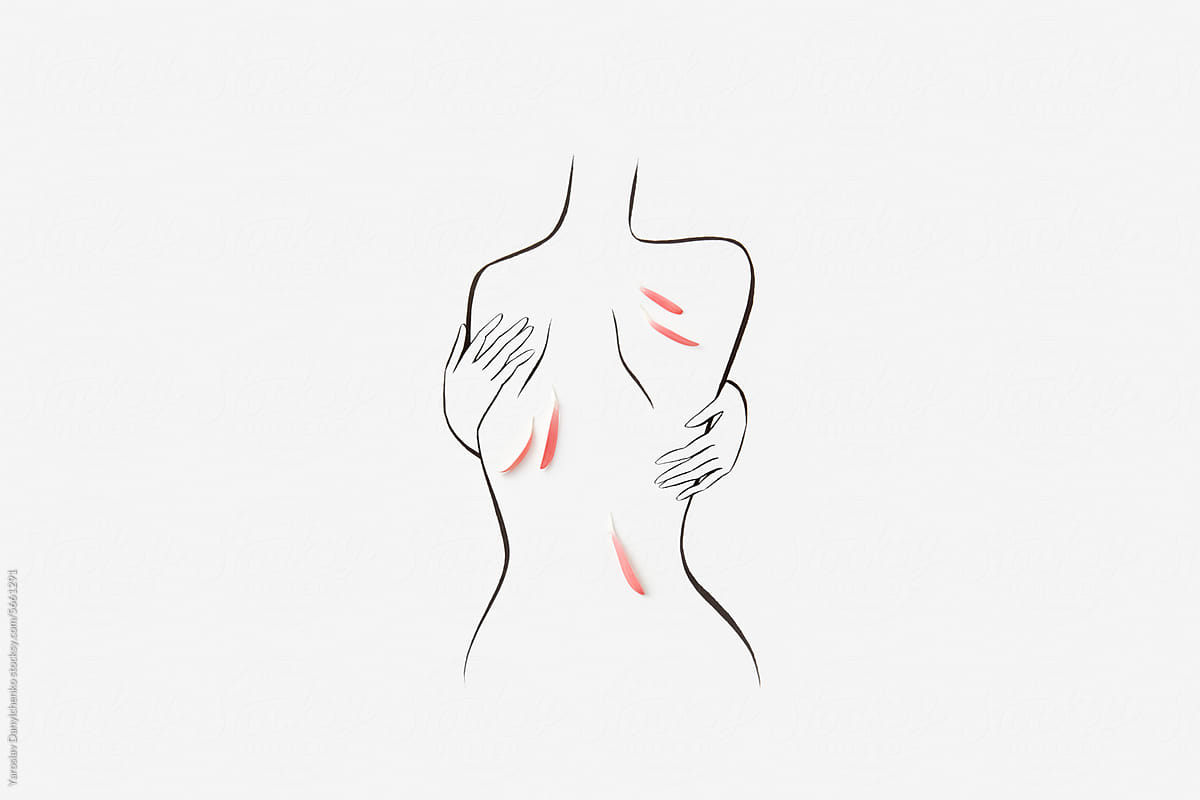 Hand drawn female naked body with red flower petals on back