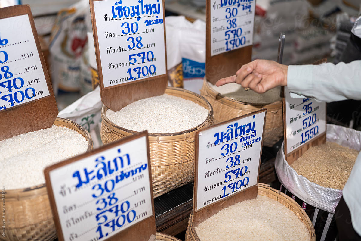 Rice for sale in Thai market.
