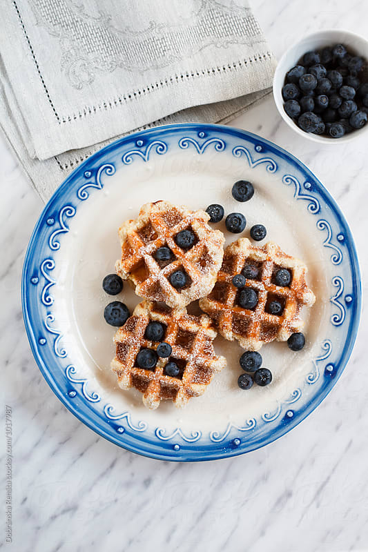 Blueberries on sweet Belgian Waffles with icing sugar and honey