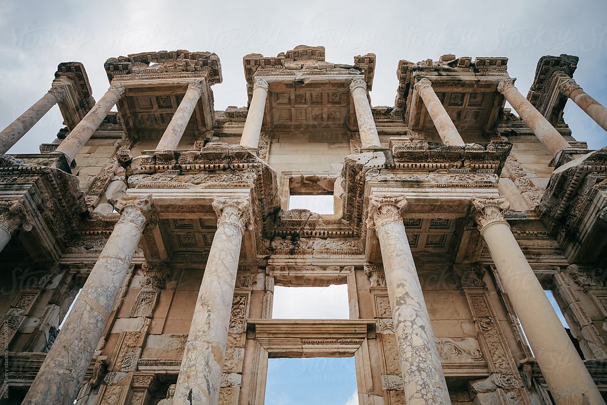Looking up at the Library of Celsus in Ephesus, Turkey