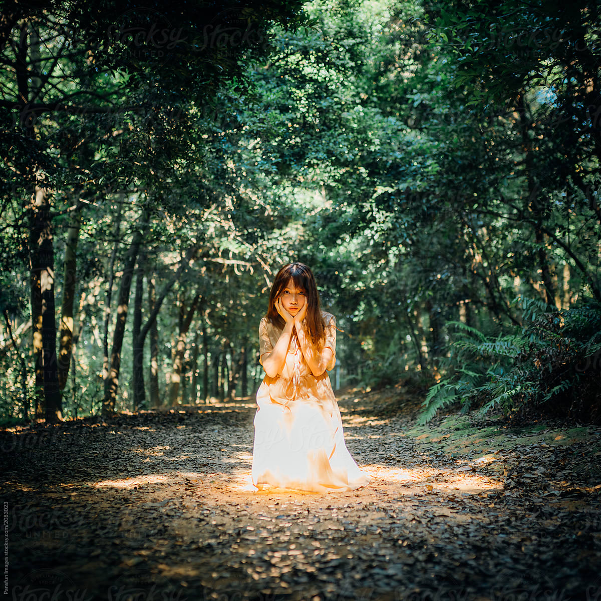 portrait of Asian woman in forest with dramatic light