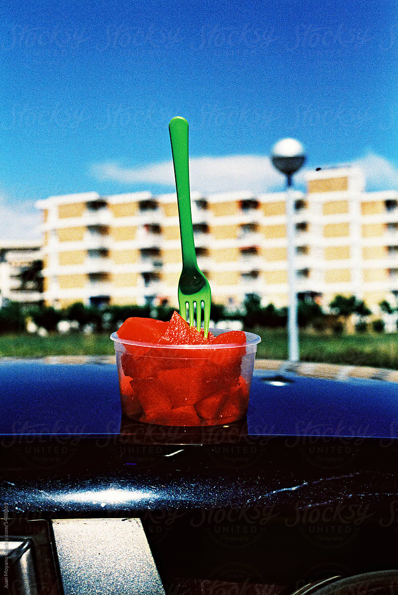 diced watermelon on the roof of a car, 35mm film