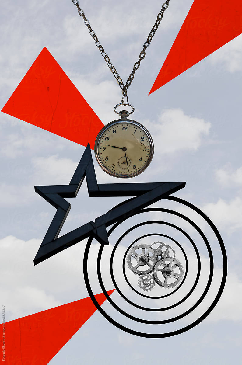 Collage with gears, pocket watch and decorative star
