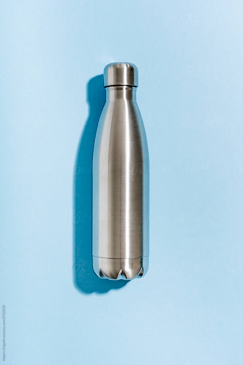 Steel water bottle on background