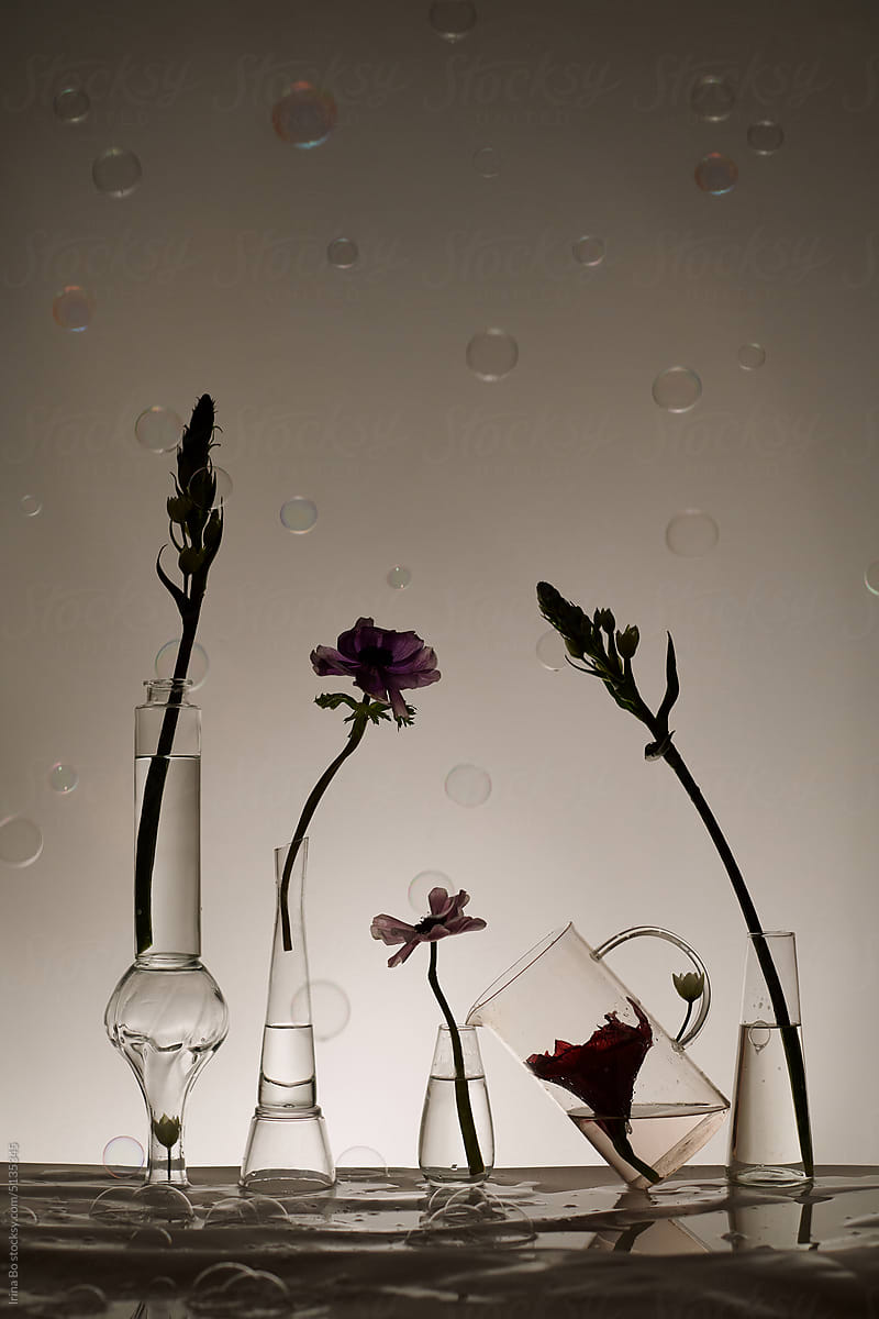 Flowers in vases with soap bubbles