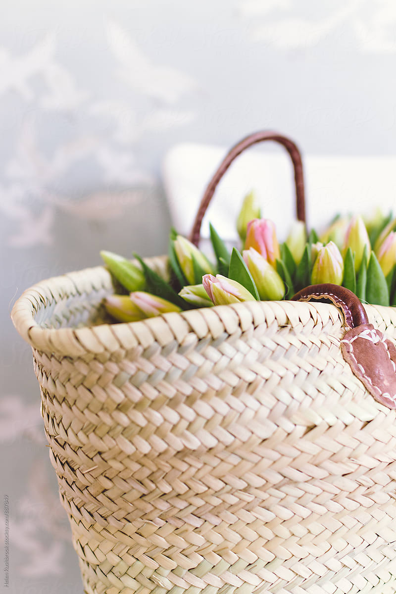 Tulips in a french market basket