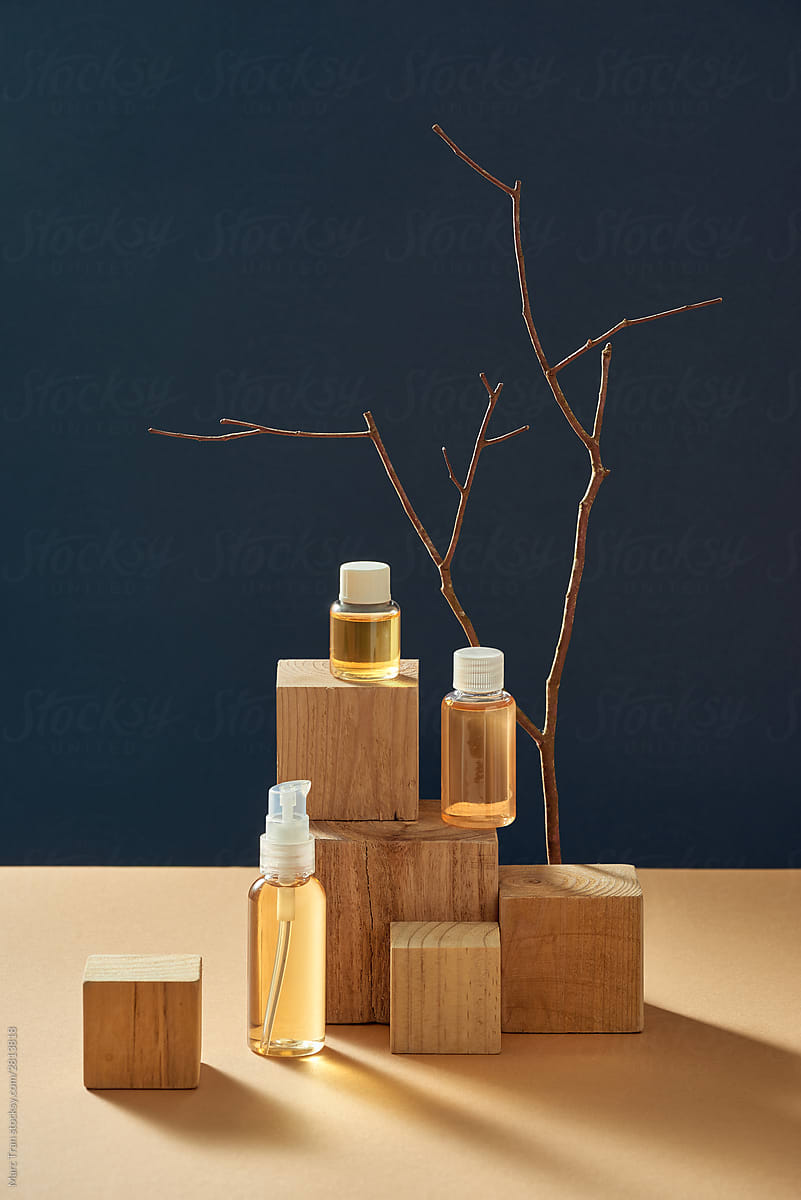Set of organic cosmetic oil bottles on table