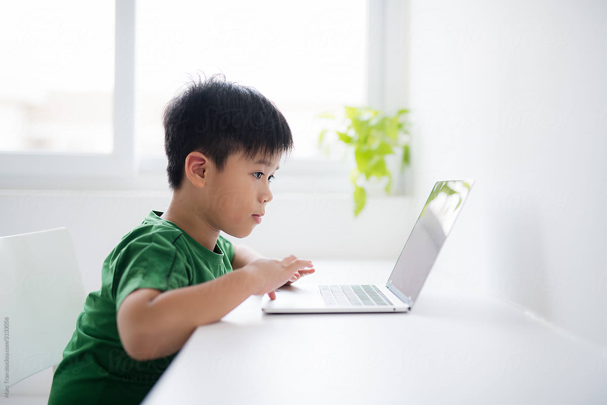 Young boy working on laptop at home