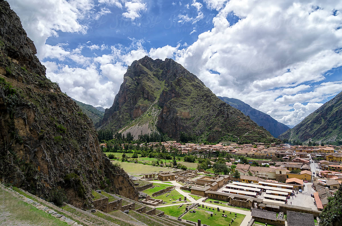 Stunning view to Ollantaytambo Inca ruins and town behind