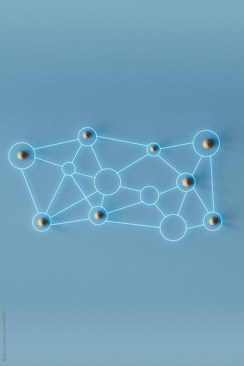 3D Render of Minimalistic Network Diagram with Wooden Nodes